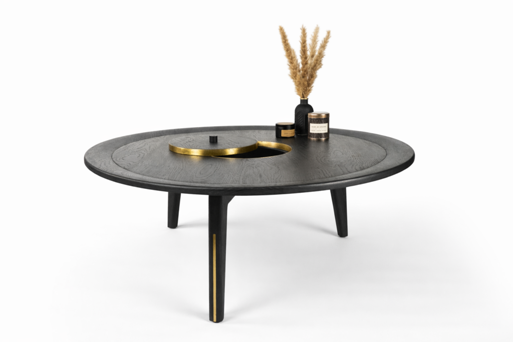 Salontafel Eiken zwart messing rond detail 2