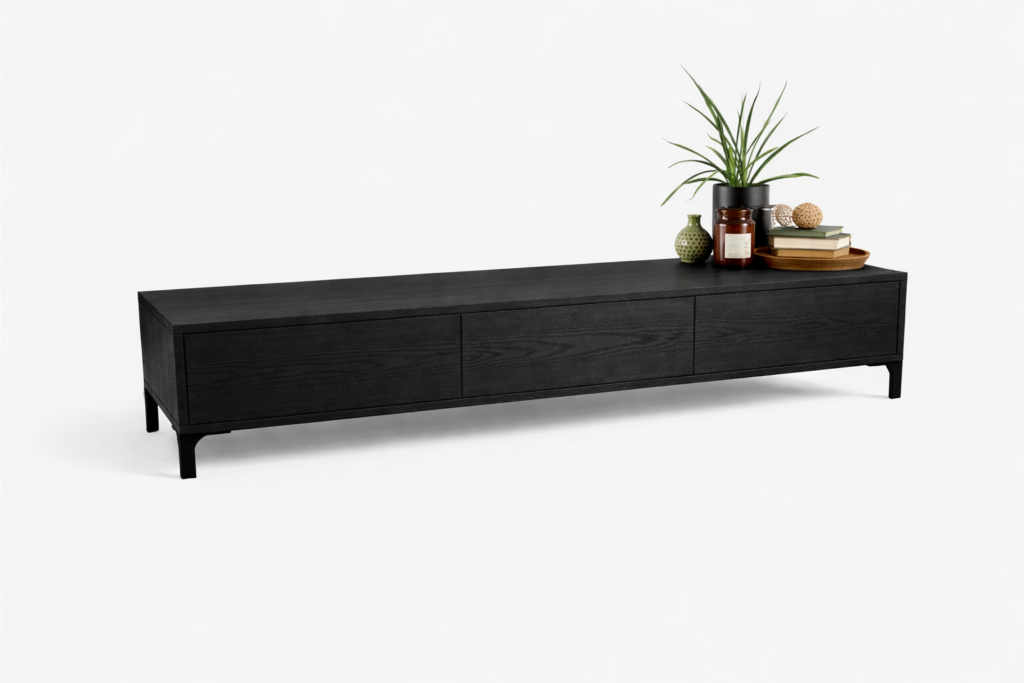 maatwerk tv meubel melamine zwart houtnerf